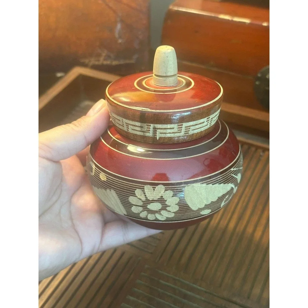 Vintage Mexican Hand Carved Red Wooden Round Trinket Box Cabo San Lucas